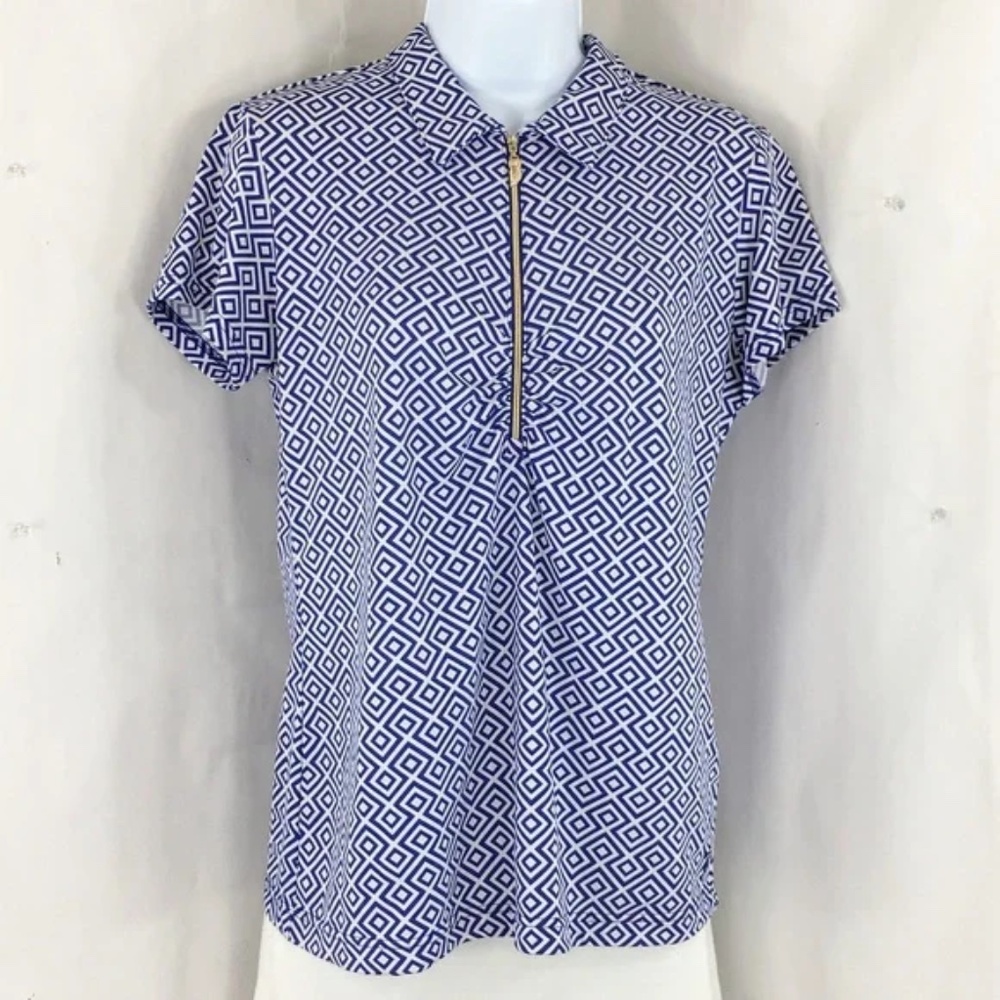 Sport Haley Womens Golf Polo Short Sleeve 1/4 Zip White Blue Ruched Size M